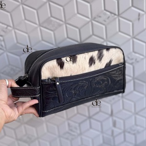 New Luxury Large Capacity Hand Tooled Leather Toiletry Organizer Women Travel Cosmetic Cowhide Leather <b>Makeup</b> Bags With Handle - Product Image 4