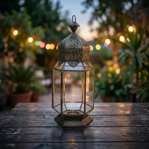 Ornate Moroccan Style Metal and <b>Glass</b> Hexagon <b>Lantern</b> Outdoor Home Decoration Durable <b>Candle</b> Holder - Product Image 6
