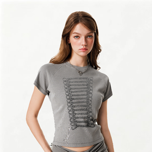 Women's Black Crop Top <b>Y2K</b> Style O-Neck Full Sleeve Printed T-<b>Shirt</b> Regular Fit Eco-Friendly Quick Dry Polyester/Cotton Spring - Product Image 4