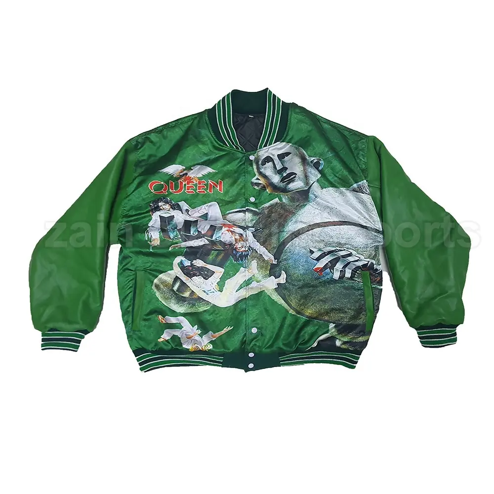 Satin Sublimated Green Color Varsity Jacket Printed Style Collarless Zipper Up Fancy Jackets 2024 ZAIN ELAHI INTERNATIONAL