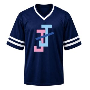 เสื้อกีฬาปักลาย JJ สีน้ำเงินกรมท่า คอวี แขนสั้น ลายทางสีขาว เสื้อทีมกีฬาน้ำหนักเบา ชุดกีฬาทีม - Product Image 1