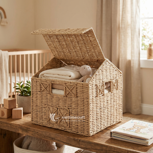 Kids Hand-Woven Paper Rope Barn Storage <b>Basket</b> <b>Lid</b> Sustainable Eco-Friendly Wicker Tableware Organizer - Product Image 4