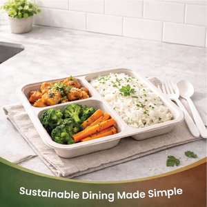 Arya Digital Bagasse 3 Compartment Meal <b>Trays</b> 32 oz Strong <b>Oil</b> & Water Resistant Disposable Plates for Home Hotel Commercial Use - Product Image 3