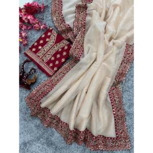 Designer Silk Party Wear <b>Saree</b> with Embroidery Work and Lace Border - Product Image 2