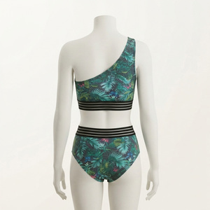 REDDITO Women's One-Shoulder Tropical Print Bikini Set High Cut Bottoms Asymmetric Stretch Eco-Friendly Seamless Spandex Front - Product Image 3
