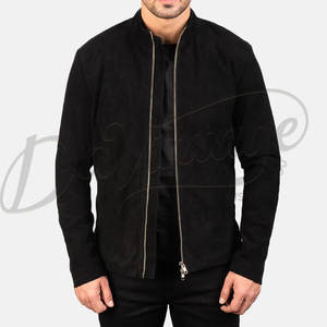 Chaqueta de cuero de gamuza negra para hombre, piel de oveja auténtica, corte ajustado, estilo casual para otoño e invierno, tipo bomber, con cierre de cremallera. - Product Image 1