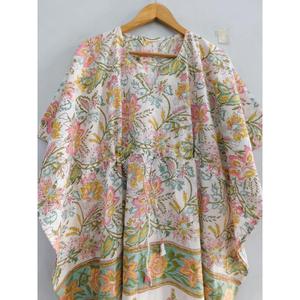 ชุดมินิคาฟตันผ้าฝ้ายพิมพ์ลายบล็อกทำมือ 100% สไตล์โบฮีเมียน ชุดคลุมชายหาดทรงหลวม เสื้อคลุมลำลองสำหรับฤดูร้อน คอวี แขนทรงปีกค้างคาว - Product Image 3