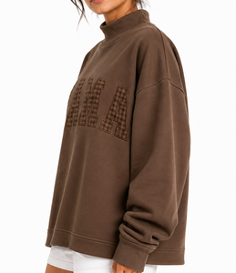 Felpa oversize da donna <span class=keywords><strong>MAMA</strong></span> con collo alto, personalizzata con patchwork a quadri Gingham, stile college casual streetwear - Product Image 4