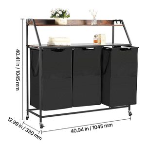 Cesto Portabiancheria a 2 Livelli con Struttura in Metallo e Piano in Legno, Organizzatore con 3 Sezioni e Ruote, in Poliestere - Product Image 2