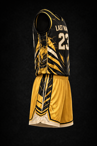 Uniforme de basket-ball personnalisé par sublimation, maillot respirant en polyester, shorts, vêtements de sport pour l'entraînement d'équipe, noir doré, nouveau design - Product Image 5
