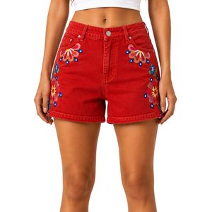 Custom <b>Womens</b> <b>Red</b> Floral Printed Denim Shorts High Waist Casual Summer <b>Jean</b> Shorts Custom Embroidered Fashion OEM Manufacturer - Product Image 1