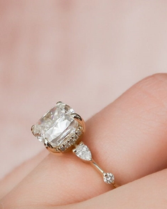Elegant Cushion Cut <b>Solitaire</b> Diamond Engagement <b>Ring</b> with Pear Side Stones in <b>Silver</b> Finish for Women Wedding Jewelry - Product Image 1