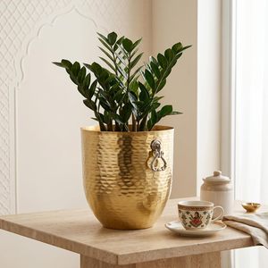 Pot de fleurs en métal doré martelé avec anneau décoratif, support pour plantes d'intérieur, décoration maison et jardin - Product Image 4