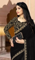 Sari en velours de viscose KV noir et or pour femme, coupe classique, idéal pour les fêtes d'automne, les mariages et le Diwali, avec chemisier brodé, réversible et infroissable