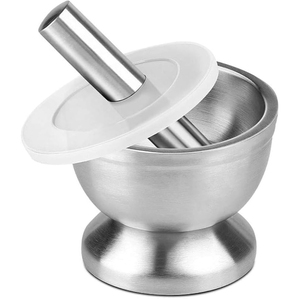 Moderno juego de mortero y pilón de acero inoxidable con tapa de silicona, molinillo manual de especias y triturador de pastillas para uso en la cocina, al mejor precio. - Product Image 1