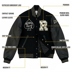 เสื้อแจ็คเก็ตเบสบอล RexFit Sport Custom รุ่น Varsity Letterman สำหรับผู้ชาย แขนหนัง ปักลาย  ผู้ผลิต OEM สำหรับฤดูหนาว - Product Image 5