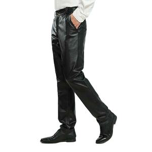 Pantalon en cuir véritable pour hommes épais grande taille taille haute droite coupe-vent automne hiver pantalon pour hommes droit incurvé rayé - Product Image 1