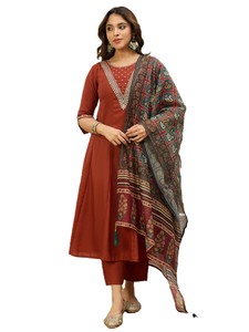 Ensemble Salwar Kameez pour femmes en soie mélangée et mousseline de soie rouge brodée, avec dupatta fleuri, style traditionnel indien pakistanais, pour l'hiver et le printemps, décontracté - Product Image 1