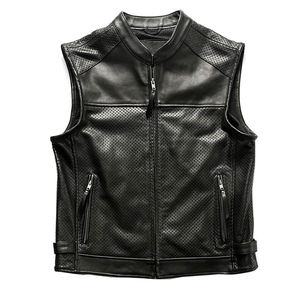 Gilet en cuir perforé noir pour homme, col rond, respirant, avec boutons recouverts de maille, bretelles latérales ajustables, ventilé, automne - Product Image 6