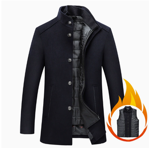 Manteau pour homme en mélange de laine, col montant, simple boutonnage, épais, coupe ajustée, longueur standard, fermeture boutonnée - Product Image 4