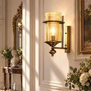 Classic Bellamy Brass Wall <b>Light</b> Fixture, Amber Glass Shade Wall Sconce with Decorative Finial for Dining Room - Product Image 1