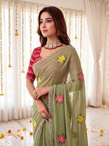 AARA Fashion Green Embroidered Silk <b>Saree</b> Pink <b>Yellow</b> Floral Design Sun Protection Wedding Women Traditional Indian Sari Floor - Product Image 6