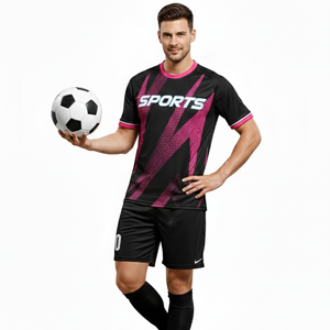 Uniforme de Fútbol de Invierno con Diseño Personalizado, Conjunto de Camiseta y Pantalones Cortos con Logotipo Frontal en Negro y Rosa, Calidad Premium - Product Image 1