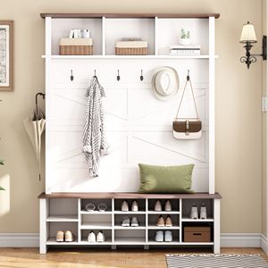 Panca da Ingresso 4-in-1 in Noce Stile Rustico con 6 Ganci, Appendiabiti in Legno Rustico con 16 Scomparti Aperti e Ganci a Muro, Organizzatore per Cappotti - Product Image 1