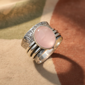 Soft Pink Rose quartz Silver Plated Handmade Tribal Spinner Gemstone <b>Ring</b> for Unisex Men Women - Product Image 5