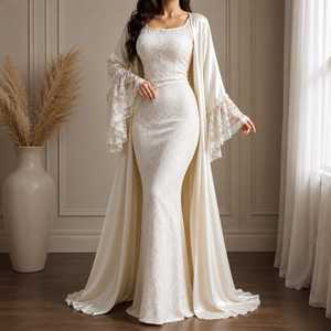 Vestido de Noche de Satén con Encaje Color Marfil, Bordado, Estilo Sirena, Abertura Frontal, Elegante Conjunto de Lencería Nupcial, Vestido Maxi Premium para Boda - Product Image 4