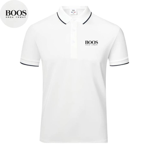 Chemise BOOS pour homme en coton blanc imprimé, manches courtes, col rabattu, logo, respirante, coupe classique, style hawaïen, été - Product Image 1