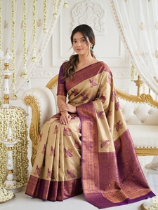 Traditional Indian Banarasi Art Silk <b>Saree</b> Women's Wedding Wear Gold <b>Purple</b> Peacock Print Floor Length Regular Fit All Seasons - Product Image 4