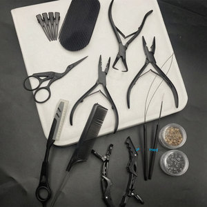 Kit d'outils professionnels durables pour extensions de cheveux noir mat, comprenant des micro-perles en acier inoxydable, des pinces crocodiles et des pinces. - Product Image 1