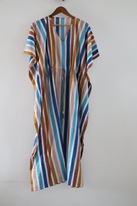 Vintage Boho Striped Block Print Multicolor Kaftan Dress With <b>Tie</b> <b>Back</b> Loose Fit Short Sleeve Cotton Summer Long Dress - Product Image 2