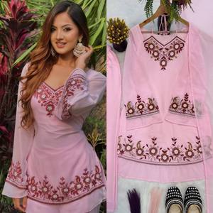 Robe indienne pakistanaise moderne brodée rose pour femme, longueur midi, tenue de soirée, coupe régulière, extensible, fausse fourrure, séchage rapide, toutes saisons - Product Image 6