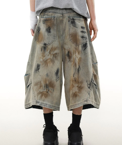 Shorts de mezclilla de cintura alta personalizados, lavado claro, estilo vintage, oversize, con efecto de pulverización abstracto, estilo streetwear - Product Image 6