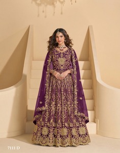 Purple Embroidered Polyester Indian Pakistani Set Lehenga Choli <b>Net</b> <b>Dupatta</b> Floor-Length Reversible Formal Wedding Banquet - Product Image 1