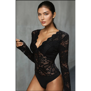 บอดี้สูทลูกไม้ลายดอกไม้แบบสแกลลอป แขนยาว คอวี รุ่นพิเศษ ชุดชั้นในสตรี แฟชั่นบอดี้สูท - Product Image 1