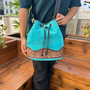 Sac à bandoulière en cuir suédé turquoise pour femmes, design personnalisé, sacs à main à cordon en cuir véritable, vente en gros - Product Image 2