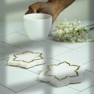 White <b>Marble</b> <b>Coaster</b> Set of 2 with Brass Inlay Handmade Round Drink <b>Coasters</b> for Coffee Table Dining Home Decor - Product Image 3