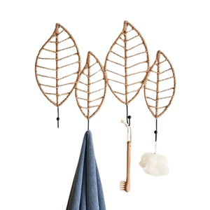 Handmade Jute Leaf <b>Wall</b> <b>Hooks</b> Decorative Boho Rope Coat Hanger Metal Wire Leaf <b>Wall</b> Rack for Towel <b>Key</b> Clothes Hanging - Product Image 1