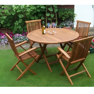 Teak Wood Outdoor <b>Round</b> <b>Table</b> With 4 Foldable Chairs <b>Garden</b> Patio Furniture Set - Product Image 1
