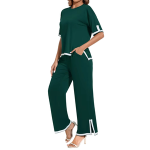 Survêtement vert pour femme, manches courtes, col rond, coupe ample, pantalon long, poches latérales, taille élastique, tenue décontractée d'été - Product Image 6