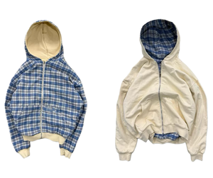 Custom Logo Towel Embroidery Double Layered Reversible Hooded Zipper Jacket Vintage Washed Oversized Boxy Cropped Color Blocking - Product Image 4