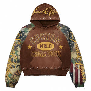 Sudadera con Capucha Extra Grande para Hombre, Estilo Vintage Lavado, Bordado Personalizado con Pedrería, Sudadera de Algodón Grueso, Estilo Urbano con Parches - Product Image 1
