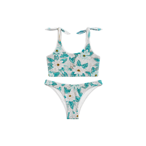 Conjunto de bikini blanco de dos piezas con cuentas florales, conjunto de bikini con escote redondo, cintura elástica, traje de baño ajustado, conjunto de bikini con cubierta - Product Image 1