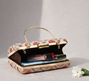 Designer Multicolor Embroidery Clutch White <b>Sequin</b> <b>Fabric</b> Outer Raw Silk Lining with Handle Lock and Chain Strap - Product Image 2