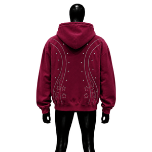 Sweat à capuche zippé oversize bordeaux de qualité supérieure, élégant et tendance, avec patch étoile, style streetwear de luxe, en molleton doux épais délavé rétro - Product Image 2
