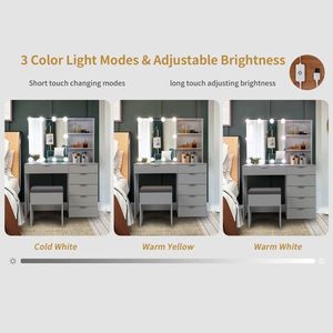 FCH White Dressing <b>Table</b> Set with 6 Pumps 2 Shelves 3 Tone Light Bulbs Triamine Veneer and <b>Mirror</b> Cabinet Makeup Vanities - Product Image 3