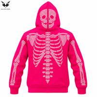 Sweat à capuche zippé intégral personnalisé Y2K avec strass et motif squelette rose vif, coupe oversize, pour hommes et femmes, style streetwear